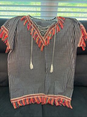entro Navy & White Striped Tunic with Multicolor Fringe